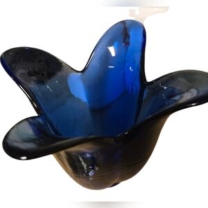 Cobalt Blue Vintage Art Glass Lotus Flower Vase Candle Holder, Made in Spain